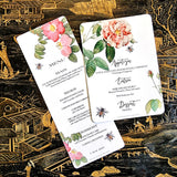 showing The Punctilious Mr. P's Place Card Co. 'Rose Garden' custom menu cards in both the mayfair and bistro size