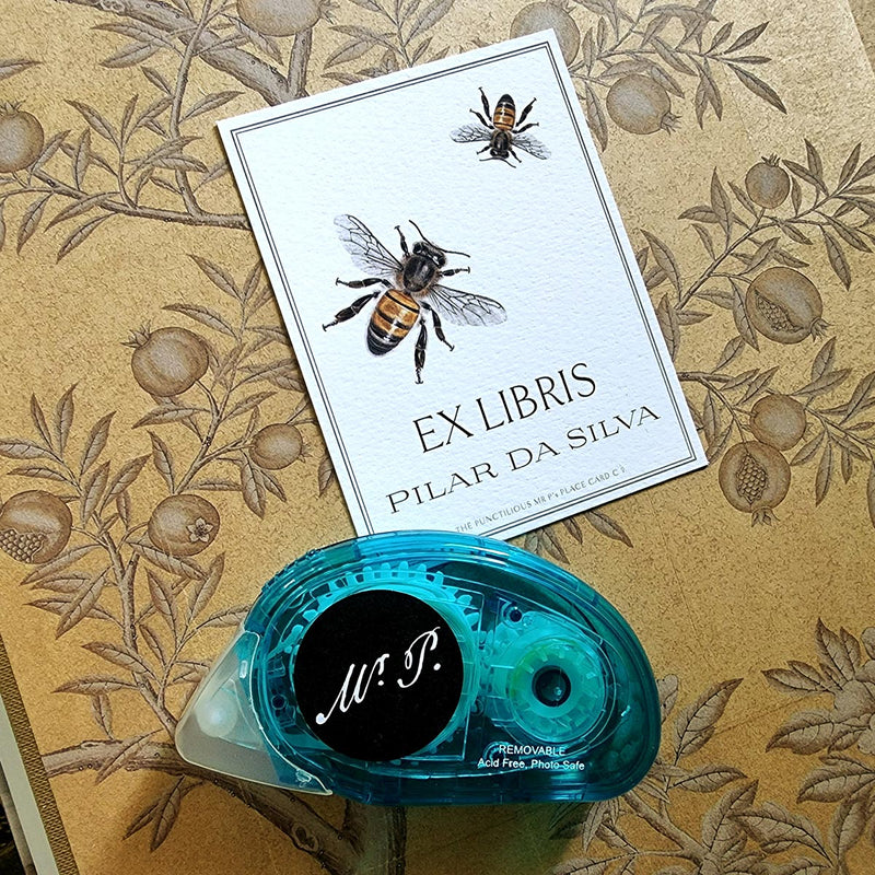The Punctilious Mr. P's Place Card Co. personalized "Bees" motif custom bookplate in the "Ex Libris" style with the recommended acid-free removable adhesive roller