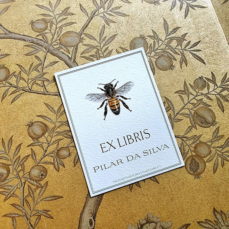 The Punctilious Mr. P's Place Card Co. personalized "Bees" motif custom bookplate in the "Ex Libris" style.