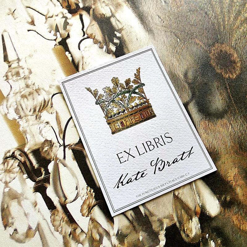 The Punctilious Mr. P's Place Card Co. personalized "Coronet Nouveau" crown motif bookplate in the "Ex Libris" style.