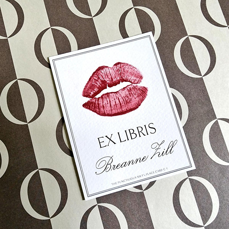 The Punctilious Mr. P's Place Card Co. personalized "Kisses" motif bookplate in the "Ex Libris" style.