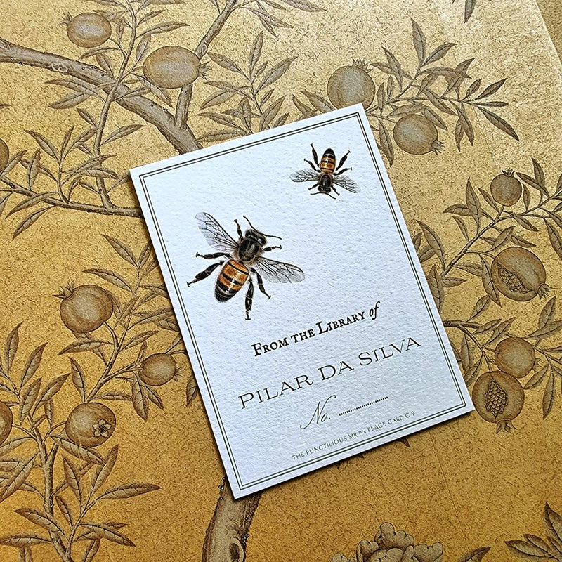 The Punctilious Mr. P's Place Card Co. personalized "Bees" motif bookplate in the "from the library of" style.