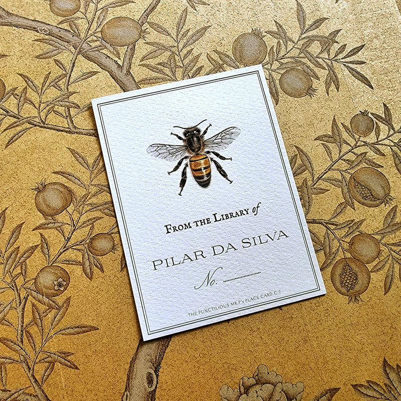 The Punctilious Mr. P's Place Card Co. personalized "Bees" motif custom bookplate in the "from the library of" style.
