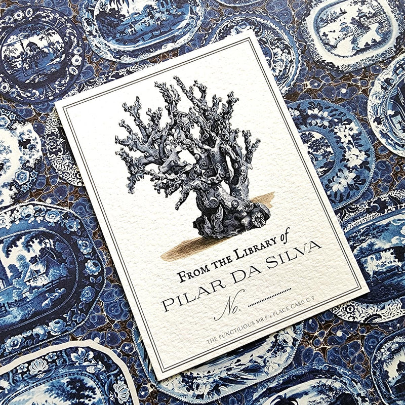 The Punctilious Mr. P's Place Card Co. personalized "blue seaweed + coral" motif bookplate in the "from the library of" style.