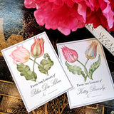 The Punctilious Mr. P's Place Card Co. personalized "Parrot Tulips" motif bookplate in the "From the library of" style.