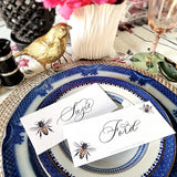 The Punctilious Mr. P's Place Card Co. 'bees' oblong laydown size custom place cards on blue and white china tablescape