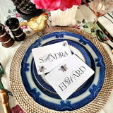 The Punctilious Mr. P's Place Card Co. 'bees' laydown event size custom place cards on blue and white china tablescape