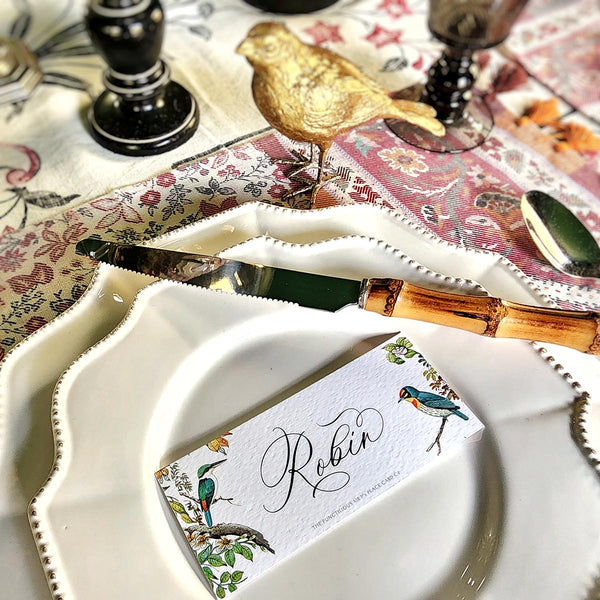 The Punctilious Mr. P's Place Card Co. 'Birds of India' laydown oblong size custom place cards on a simple white china tablescape