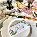 The Punctilious Mr. P's Place Card Co. 'Birds of India' laydown size custom place cards on a simple white china tablescape
