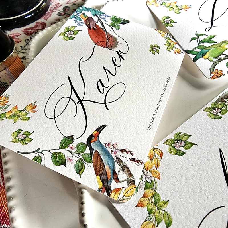 the punctilious mr. P's place card co. 'birds of india' event size laydown custom place card with a beautiful d'ascoli tablecloth