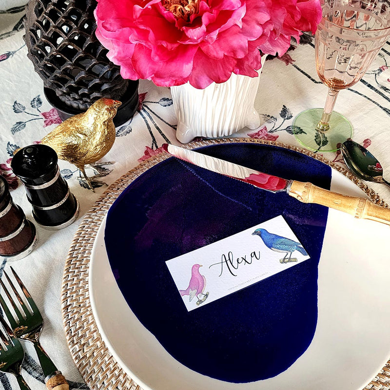 The Punctilious Mr. P's Place Card Co. 'Chromatic Cuckoo' laydown size custom place cards on blue and white china tablescape