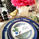 The Punctilious Mr. P's place card co. 'SIgns of Spring' laydown size custom place cards on a white china tablescape