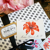 The Punctilious Mr. P's Place Card Co. "Anemones" Custom Gift Notes on a chinoiserie table with bouquet of Peony 