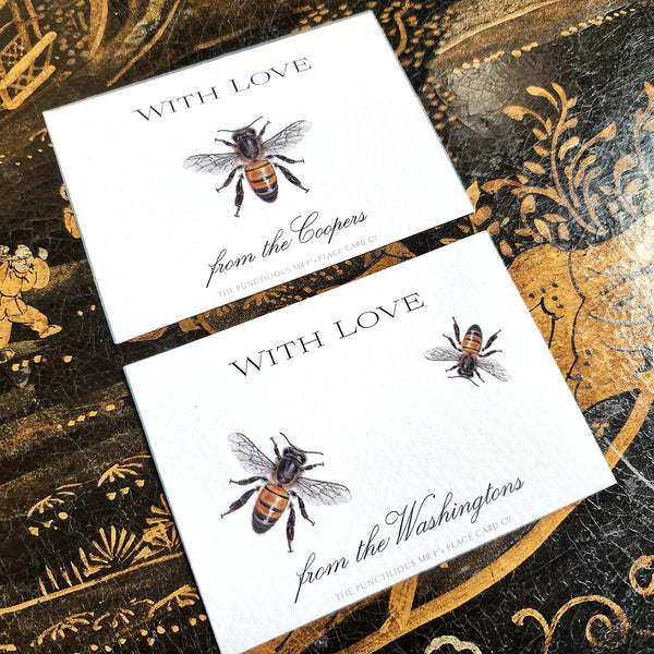 The Punctilious Mr. P's Place Card Co. "Bees" Custom Gift Notes on a chinoiserie table