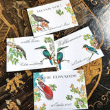 showing 4 of the 9 Punctilious Mr. P's Place Card Co. "Birds of India" Custom Gift Notes on a chinoiserie table