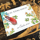 The Mr. P's Place Card Co. "Birds of India" Custom Gift Notes on a chinoiserie table