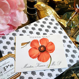 The Punctilious Mr. P's Place Card Co. "Blossoms" Custom Gift Notes on a chinoiserie table with bouquet of Peony