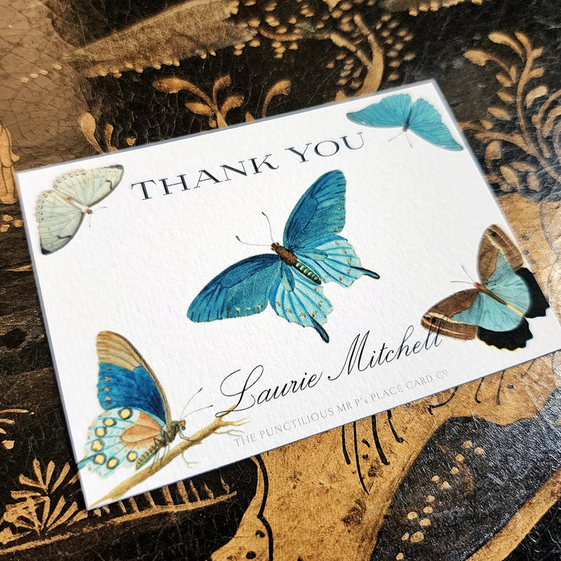 The Punctilious Mr. P's Place Card Co. "Blue Butterflies" Custom Gift Notes on a chinoiserie table
