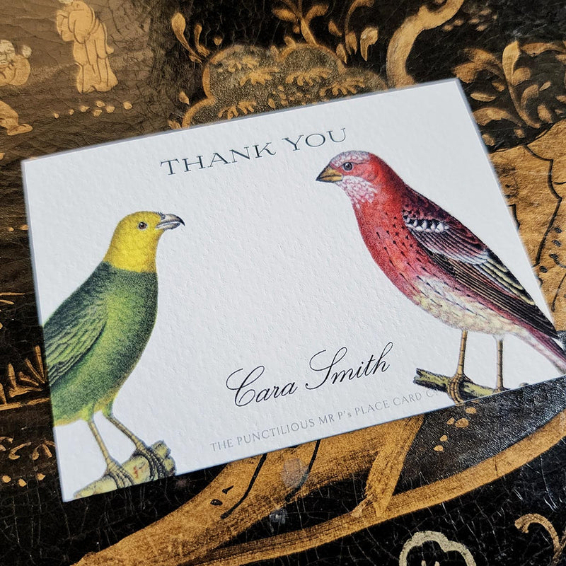 The Punctilious Mr. P's Place Card Co. "Chromatic Cuckoo" Custom Gift Notes on a chinoiserie table