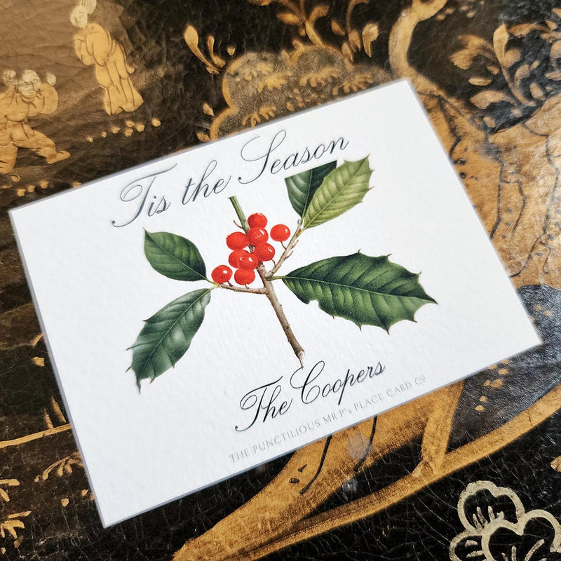 The Punctilious Mr. P's Place Card Co. "Holly" Custom Gift Notes on a chinoiserie table