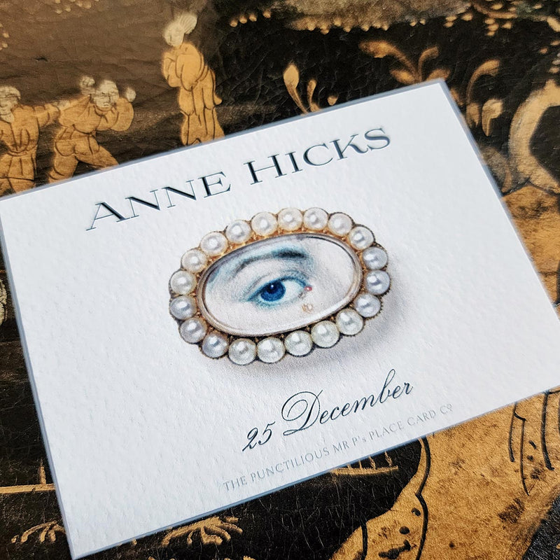 The Punctilious Mr. P's Place Card Co. "The Lover's Eye- Pearl" Custom Gift Notes on a chinoiserie table