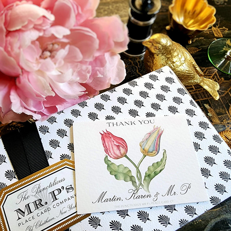 The Punctilious Mr. P's Place Card Co. "Parrot Tulips" Custom Gift Notes on a chinoiserie table with bouquet of Peony