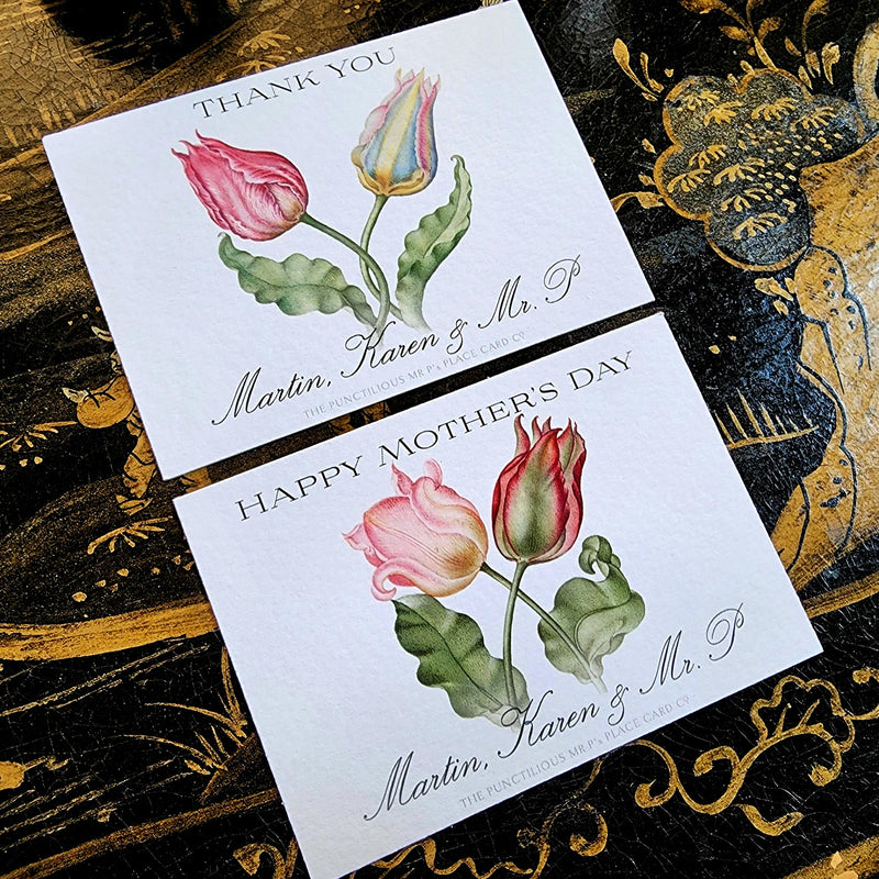 The Punctilious Mr. P's Place Card Co. "Parrot Tulips" Custom Gift Notes on a chinoiserie table with bouquet of Peony