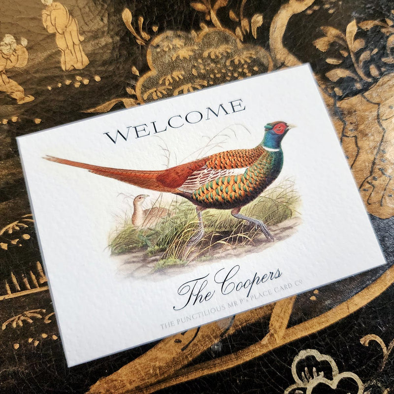The Punctilious Mr. P's Place Card Co. "Pheasantry" Custom Gift Notes on a chinoiserie table