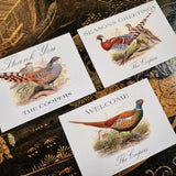 showing all three of The Punctilious Mr. P's Place Card Co. "Pheasantry" Custom Gift Notes on a chinoiserie table