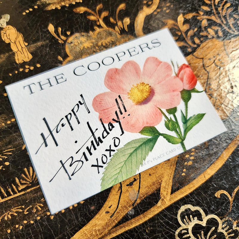 The Punctilious Mr. P's Place Card Co. "Rose Garden" Custom Gift Notes on a chinoiserie table