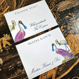 The Punctilious Mr. P's Place Card Co. "Spoonbills" Custom Gift Notes on a chinoiserie table