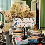 The Punctilious Mr. P's Place Card Co. "Blue Butterflies Custom Illustrated Signage" on a black stand that says "no shoe, please." to let your guests know your house rules, or to welcome them to your wedding event