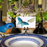 The punctilious mr. p's place card co "blue butterflies' custom place cards with blue and white china tablescape