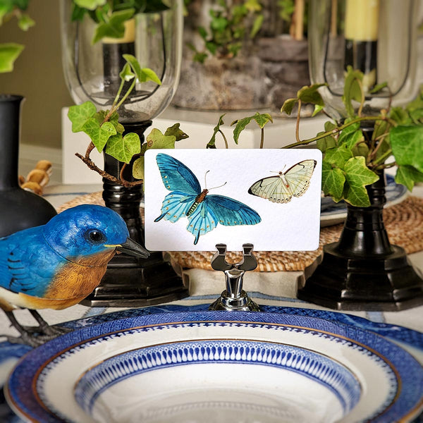 The punctilious mr. p's place card co "blue butterflies' custom place cards with blue and white china tablescape