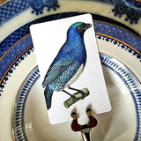 detail of The Punctilious Mr. P's Place Card Co. blue 'Chromatic Cuckoo' custom place cards on a beautiful tablescape