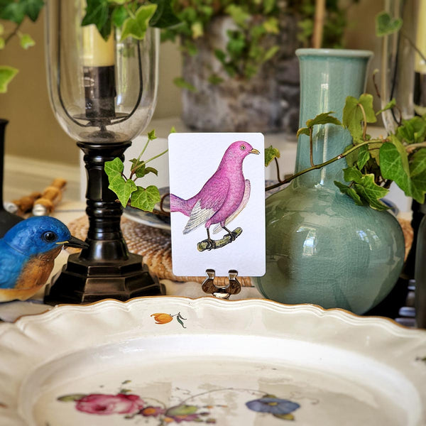 The Punctilious Mr. P's Place Card Co. pink 'Chromatic Cuckoo' custom place cards on a beautiful tablescape