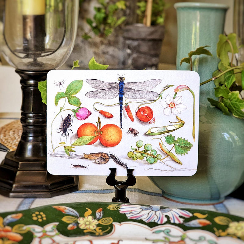 The punctilious Mr. P's place card co. 'garden variety' custom illustrated place cards of botanical and insect illustrations on a tablescape with chinoiserie details