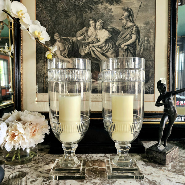 The Punctilious Mr. P's Place Card Co.- Tall Reeded Cut Glass Hurricane Candle Holders-Pair