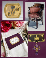 The Envoy collection mood board, inspired by the textiles and documents of the Directoire and Napoleonic era showing the 'Aubergine' color way by The Punctilious Mr. P's Place Card Co.