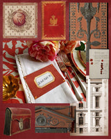 The Envoy collection mood board, inspired by the textiles and documents of the Directoire and Napoleonic era showing the 'Brique' color way by The Punctilious Mr. P's Place Card Co.