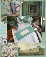 The Envoy collection mood board, inspired by the textiles and documents of the Directoire and Napoleonic era showing the 'Jardin' color way by The Punctilious Mr. P's Place Card Co.