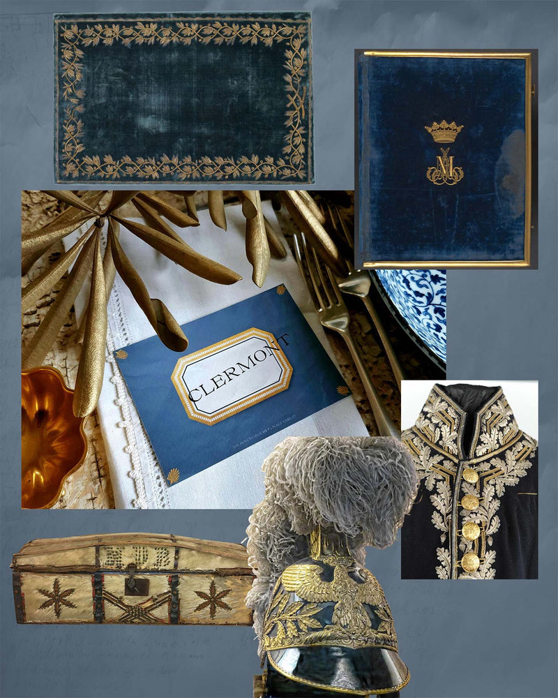 The Envoy collection mood board, inspired by the textiles and documents of the Directoire and Napoleonic era showing the 'Marine' color way by The Punctilious Mr. P's Place Card Co.