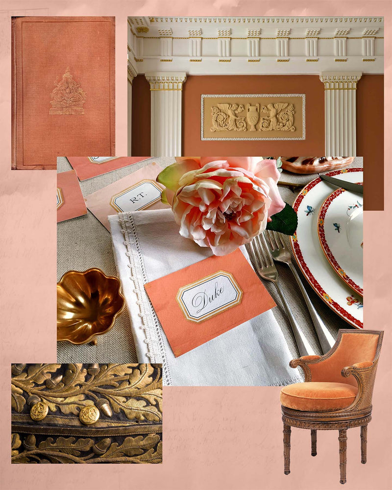 The Envoy collection mood board, inspired by the textiles and documents of the Directoire and Napoleonic era showing the 'Melon' color way by The Punctilious Mr. P's Place Card Co.