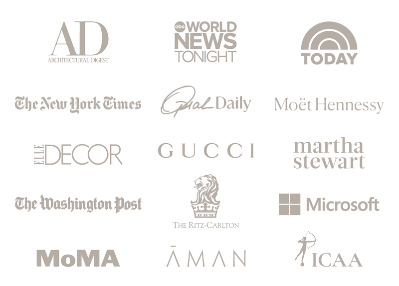 names of mr. p's corporate partners and press exposure which include microsoft, New York Times, Martha Stewart, ABC WOrld news tonight, Oprah Daily, Elle Decor, Architectural Digest, MOMA, Washington post, GUCCI