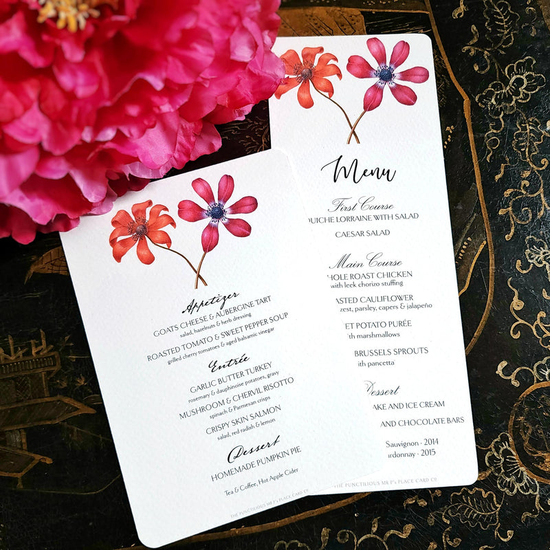 Anemones - Custom Menu Cards - s/4 - The Punctilious Mr. P's Place Card Co.