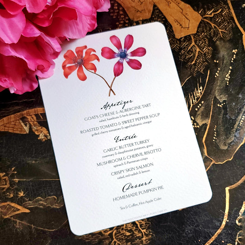 Anemones - Custom Menu Cards - s/4 - The Punctilious Mr. P's Place Card Co.