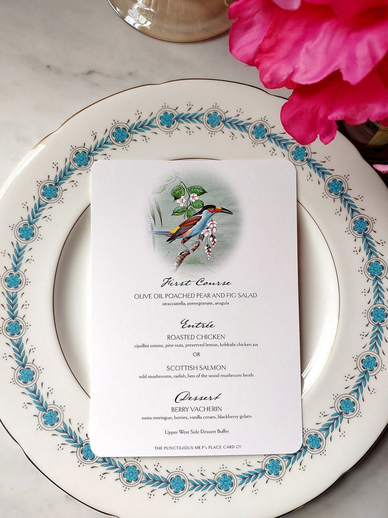 Birds of India - Custom Menu Cards - s/4 - The Punctilious Mr. P's Place Card Co.