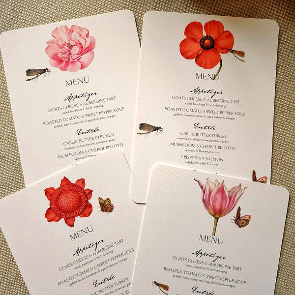 Blossoms - Custom Menu Cards - s/4 - The Punctilious Mr. P's Place Card Co.