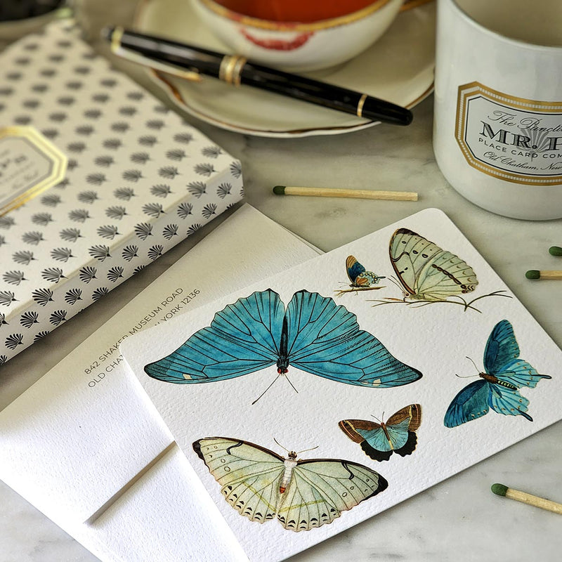 Blue Butterflies - Pack of Custom Note Cards - The Punctilious Mr. P's Place Card Co.