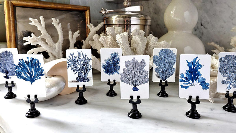 Blue Seaweed & Coral - Custom Place Cards - Upright - The Punctilious Mr. P's Place Card Co.